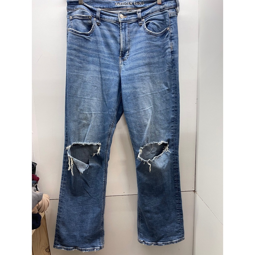 American Eagle Distressed Flare Jeans Blue Medium Wash Size 14 Regular Stretch